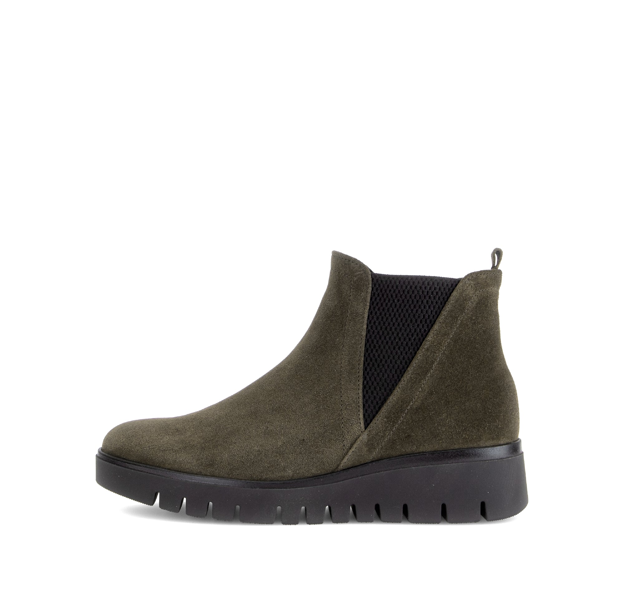 Gabor Dublin olive green side zip ankle boots, outer side view.
