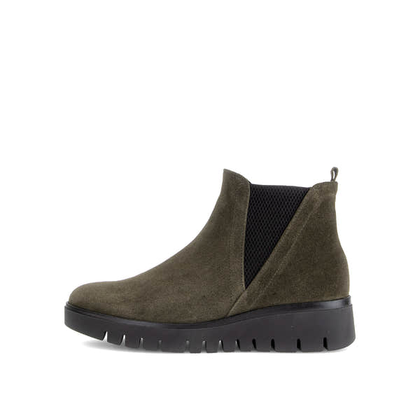 Gabor Dublin olive green side zip ankle boots, outer side view.