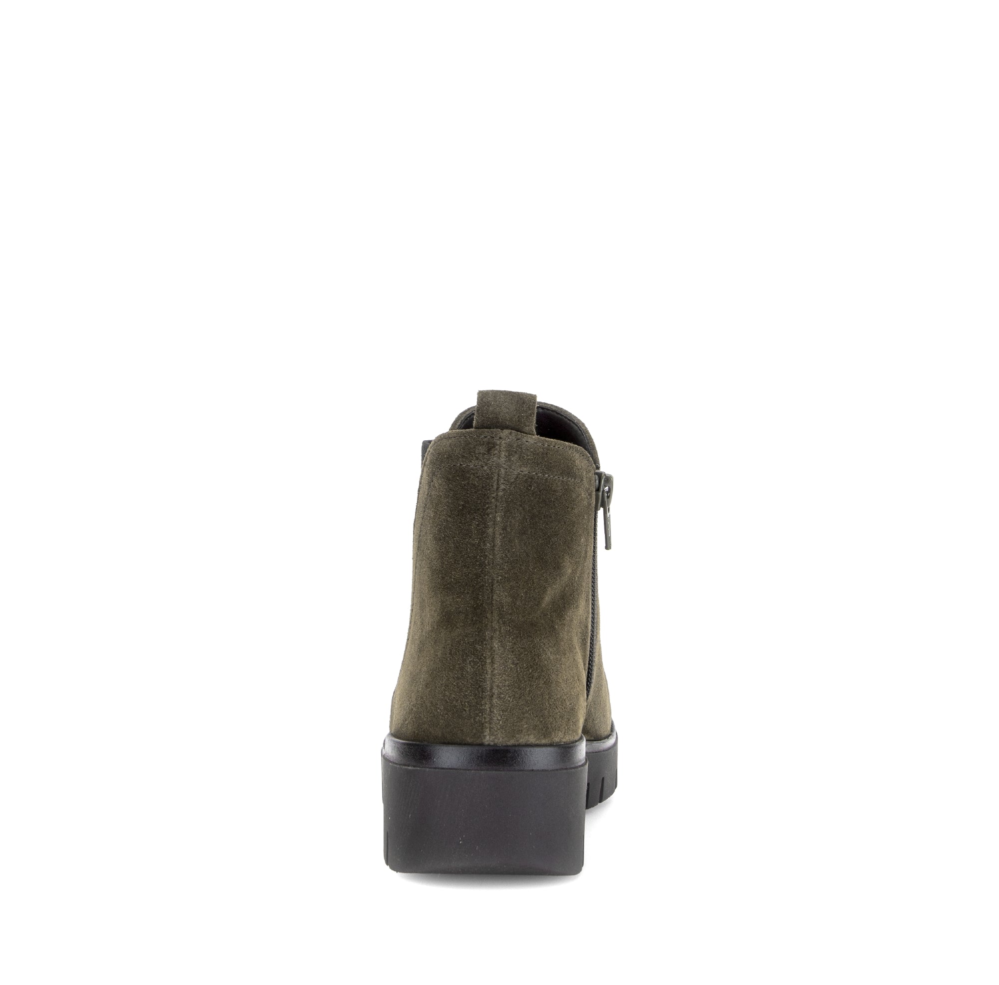 Gabor Dublin olive green side zip ankle boots, rear view.