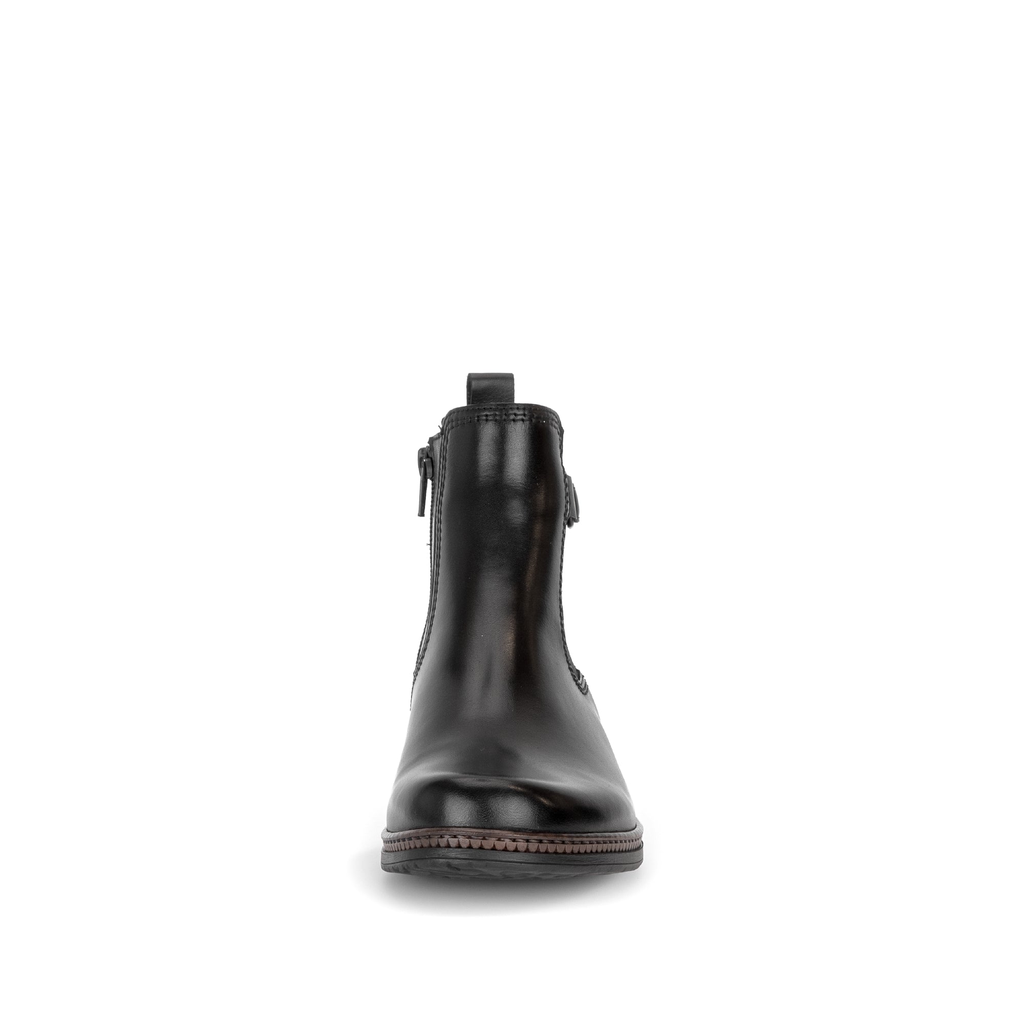 Gabor Nolene black side zip ankle boots, front view.
