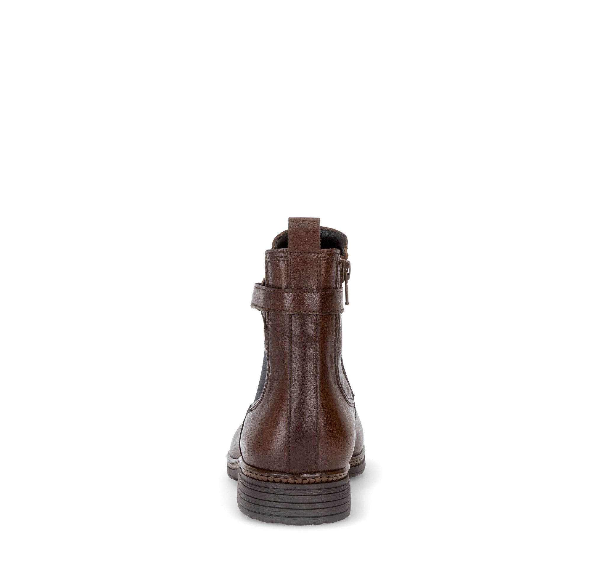 Gabor Nolene saddle tan side zip ankle boots, rear view.
