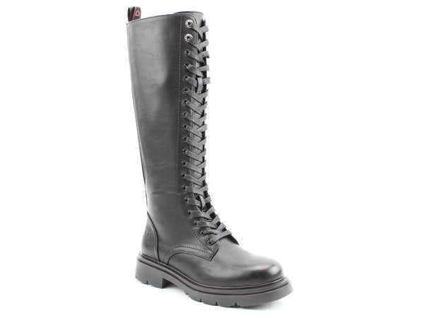 Heavenly Feet Avalon Ladies Black Vegan Zip & Lace Knee High Boots, front three-quarter product view.