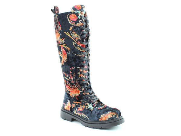 Heavenly Feet Avalon Print Ladies Black Velour Multi Vegan Floral Zip & Lace Knee High Boots, front three-quarter product view.