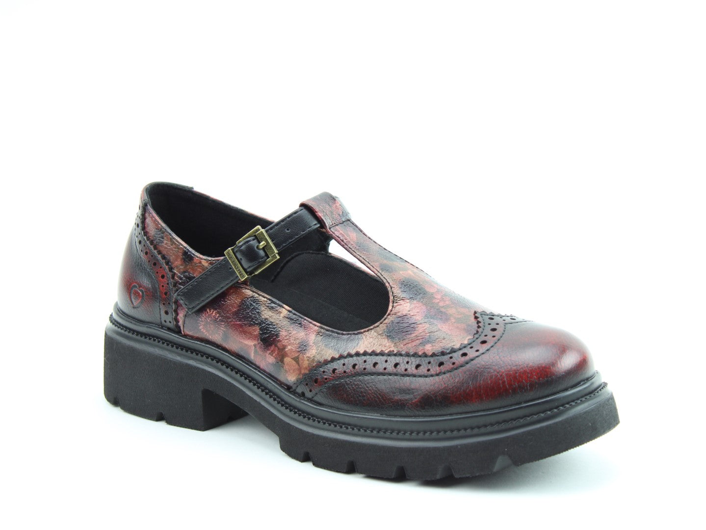 Heavenly Feet Cradle Ladies Black/Burgundy Vegan Brogue T-Bar Buckle Shoes, front three-quarter product view.