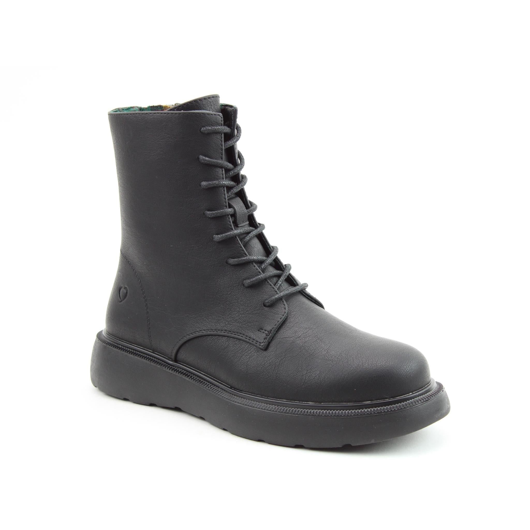 Heavenly Feet Fern Ladies Black Vegan Zip & Lace Ankle Boots, front three-quarter product view.