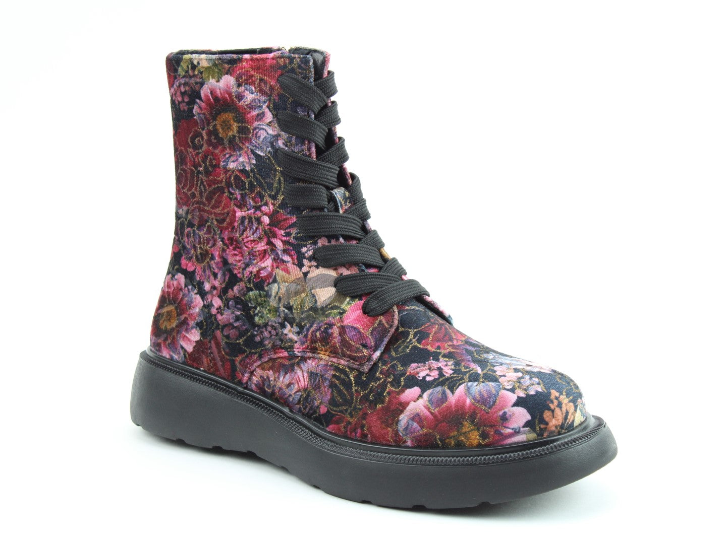 Heavenly Feet Fern Velour Ladies Rose Pink Vegan Floral Zip & Lace Ankle Boots, front three-quarter product view.