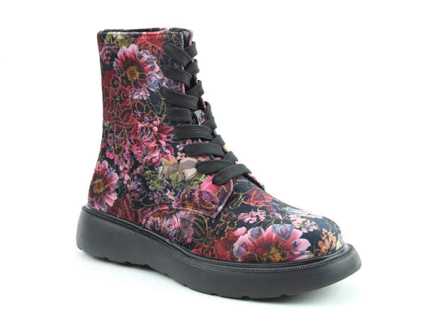 Heavenly Feet Fern Velour Ladies Rose Pink Vegan Floral Zip & Lace Ankle Boots, front three-quarter product view.