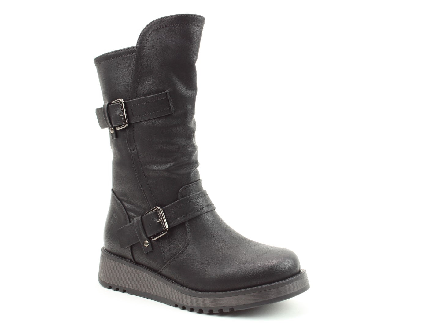 Heavenly Feet Hannah4 Ladies Black Vegan Buckle Side Zip Mid-Calf Boots, front three-quarter product view.