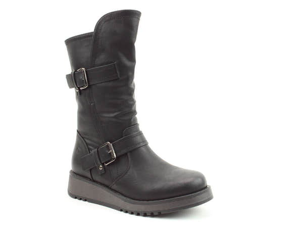 Heavenly Feet Hannah4 Ladies Black Vegan Buckle Side Zip Mid-Calf Boots, front three-quarter product view.
