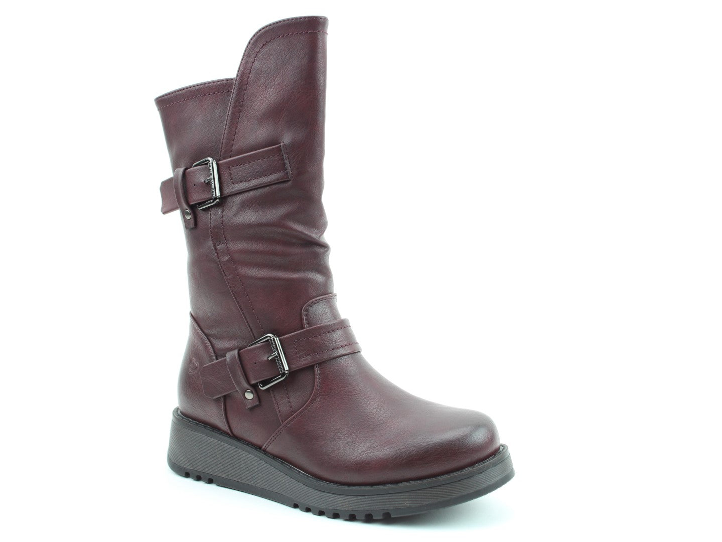 Heavenly Feet Hannah4 Ladies Burgundy Vegan Buckle Side Zip Mid-Calf Boots, front three-quarter product view.