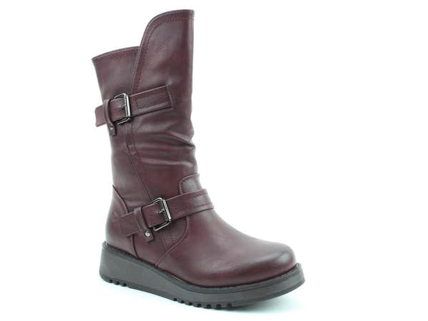 Heavenly Feet Hannah4 Ladies Burgundy Vegan Buckle Side Zip Mid-Calf Boots, front three-quarter product view.