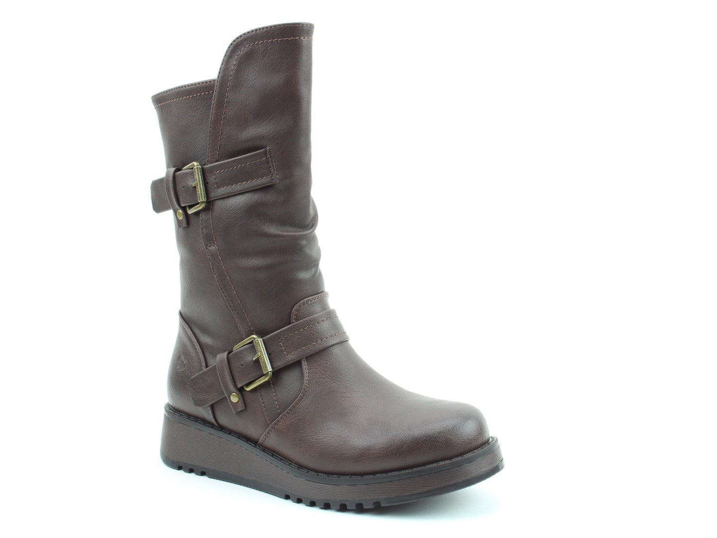 Heavenly Feet Hannah4 Ladies Chocolate Brown Vegan Buckle Side Zip Mid-Calf Boots, front three-quarter product view.
