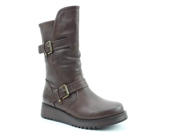 Heavenly Feet Hannah4 Ladies Chocolate Brown Vegan Buckle Side Zip Mid-Calf Boots, front three-quarter product view.