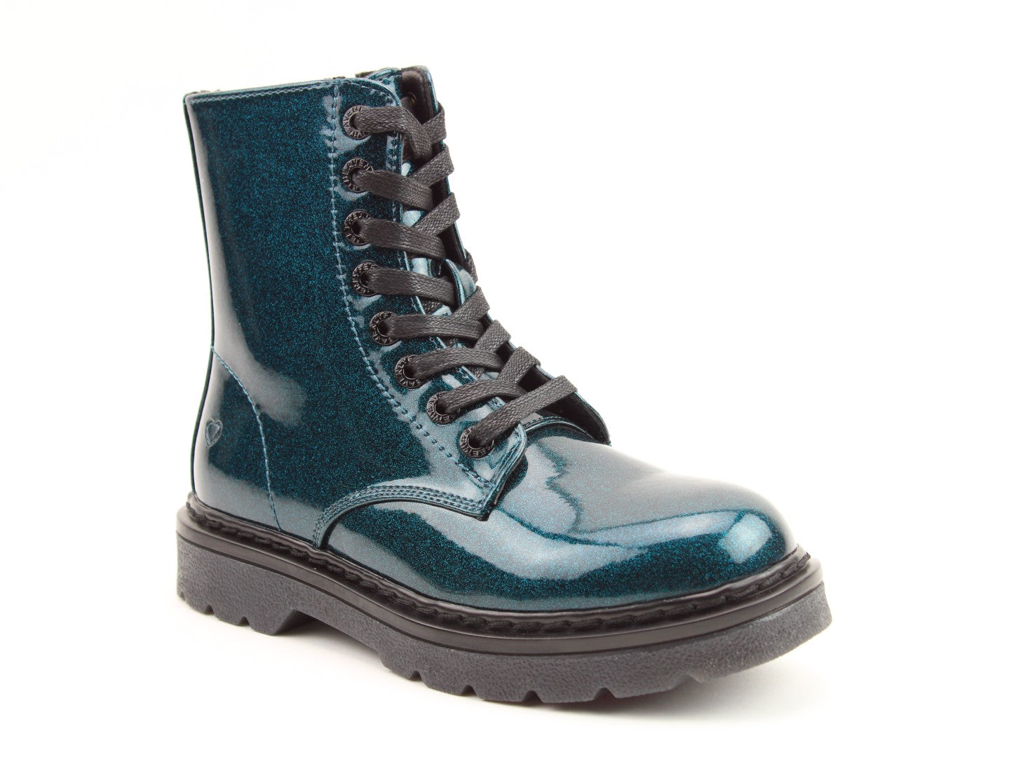 Heavenly Feet Justina2 Glitter Ladies Ocean Blue Glitter Vegan Zip & Lace Ankle Boots, front three-quarter product view.