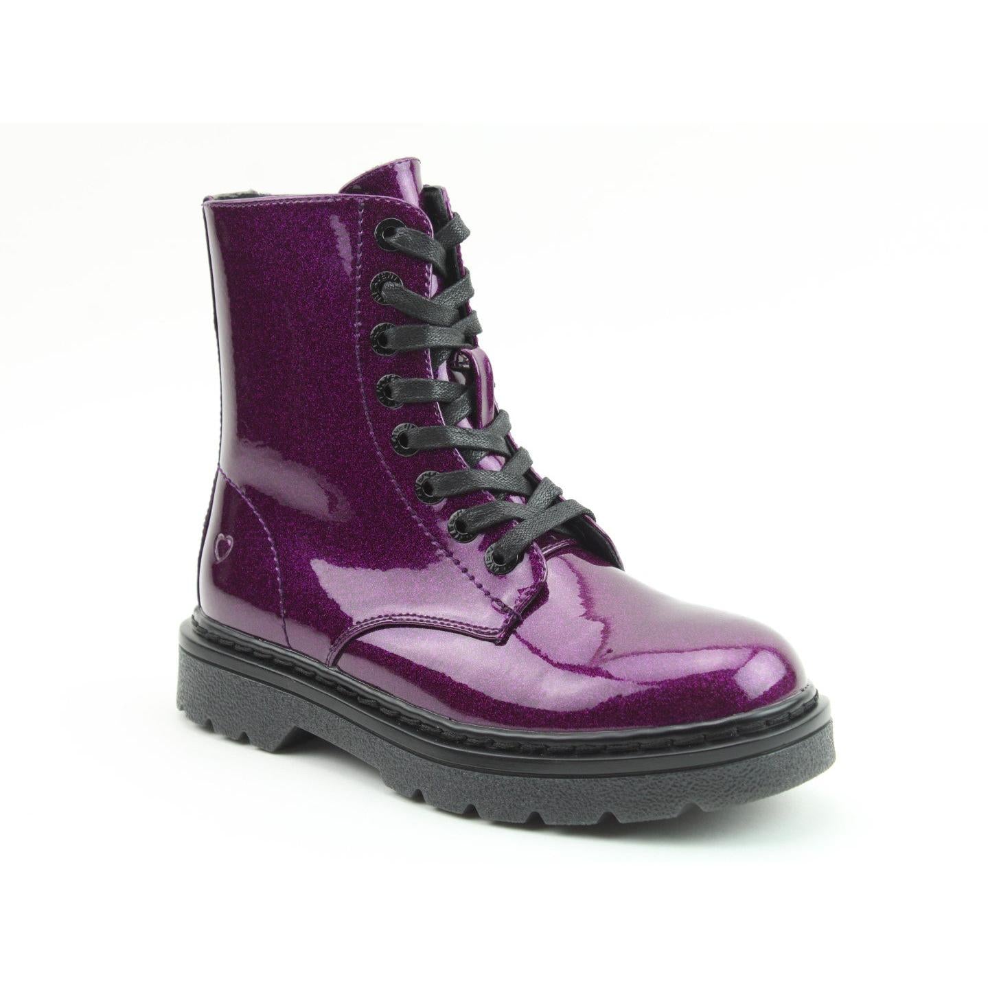 Heavenly Feet Justina2 Glitter Ladies Purple Glitter Vegan Zip & Lace Ankle Boots, front three-quarter product view.