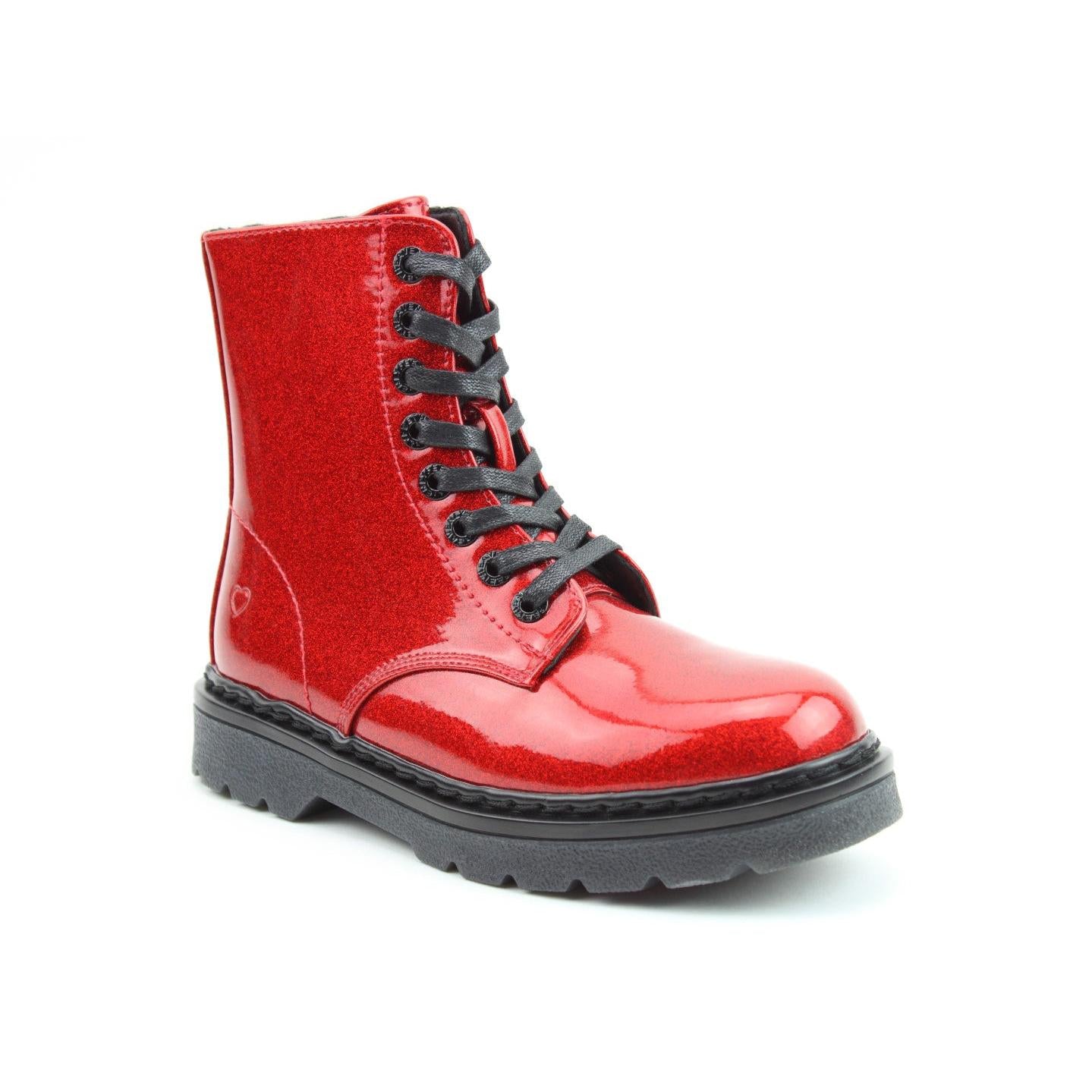 Heavenly Feet Justina2 Glitter Ladies Red Glitter Vegan Zip & Lace Ankle Boots, front three-quarter product view.