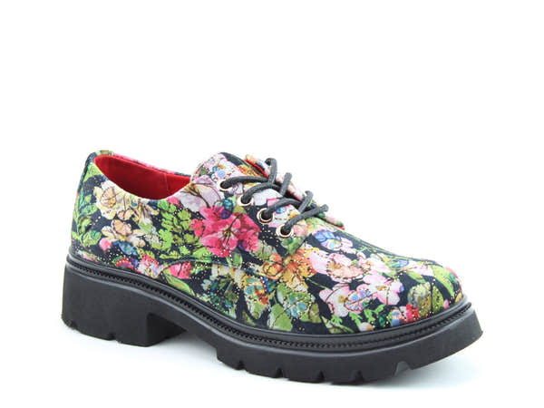 Heavenly Feet Karis Ladies Black Multi Floral Velour Vegan Chunky Lace Up Shoes, front three-quarter product view.