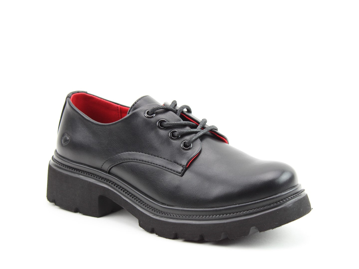 Heavenly Feet Karis Ladies Black Vegan Chunky Lace Up Shoes, front three-quarter product view.