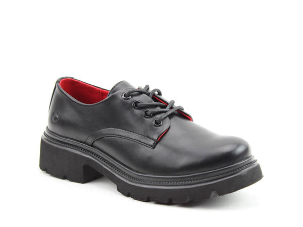Heavenly Feet Karis Ladies Black Vegan Chunky Lace Up Shoes, front three-quarter product view.