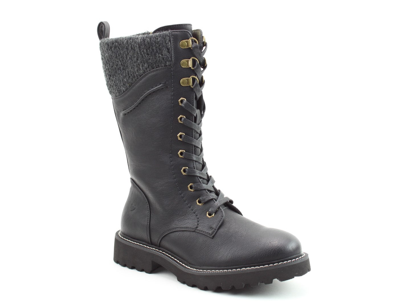 Heavenly Feet Leena Ladies Black Vegan Lace Up Mid-Calf Boots, front three-quarter product view.