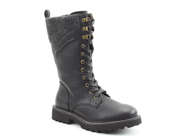 Heavenly Feet Leena Ladies Black Vegan Lace Up Mid-Calf Boots, front three-quarter product view.