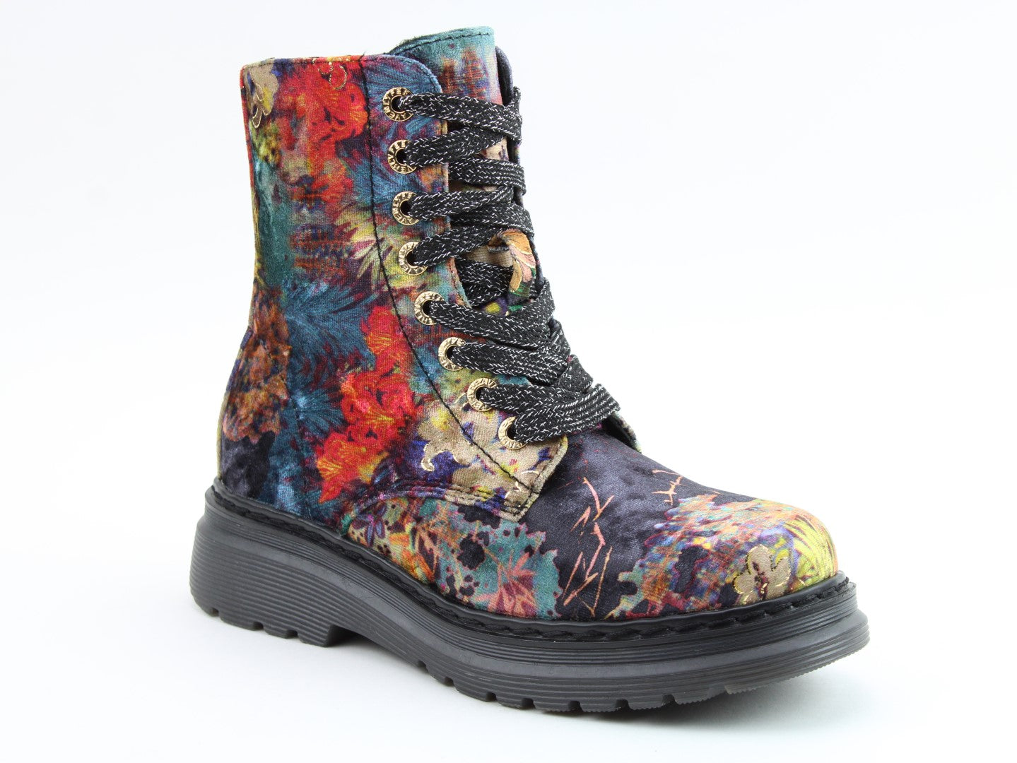 Heavenly Feet Lotte Ladies Black Velour Multi Vegan Floral Zip & Lace Ankle Boots, front three-quarter product view.