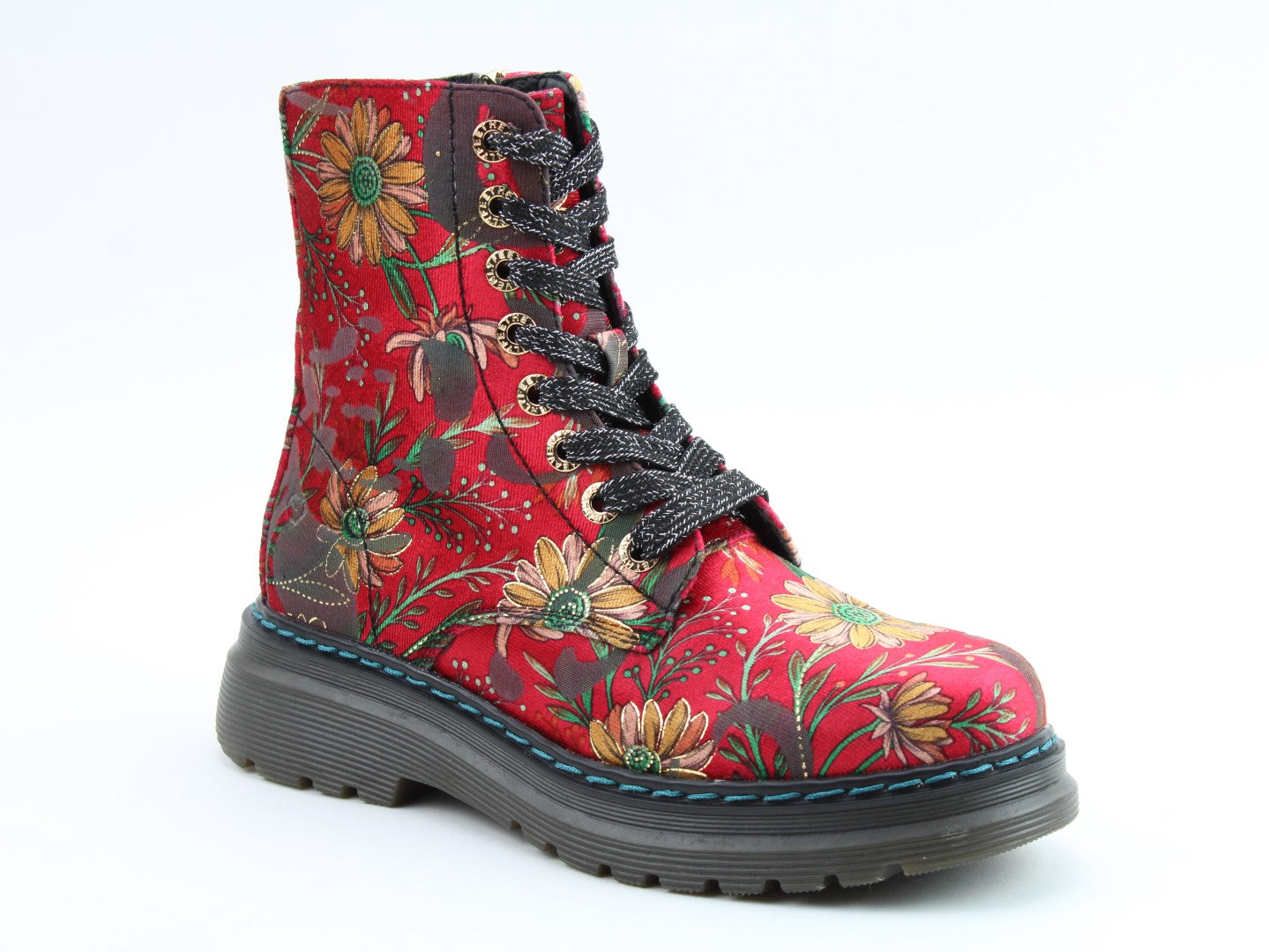 Heavenly Feet Lotte Ladies Red Daisy Vegan Floral Zip & Lace Ankle Boots, front three-quarter product view.