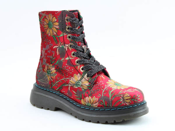 Heavenly Feet Lotte Ladies Red Daisy Vegan Floral Zip & Lace Ankle Boots, front three-quarter product view.