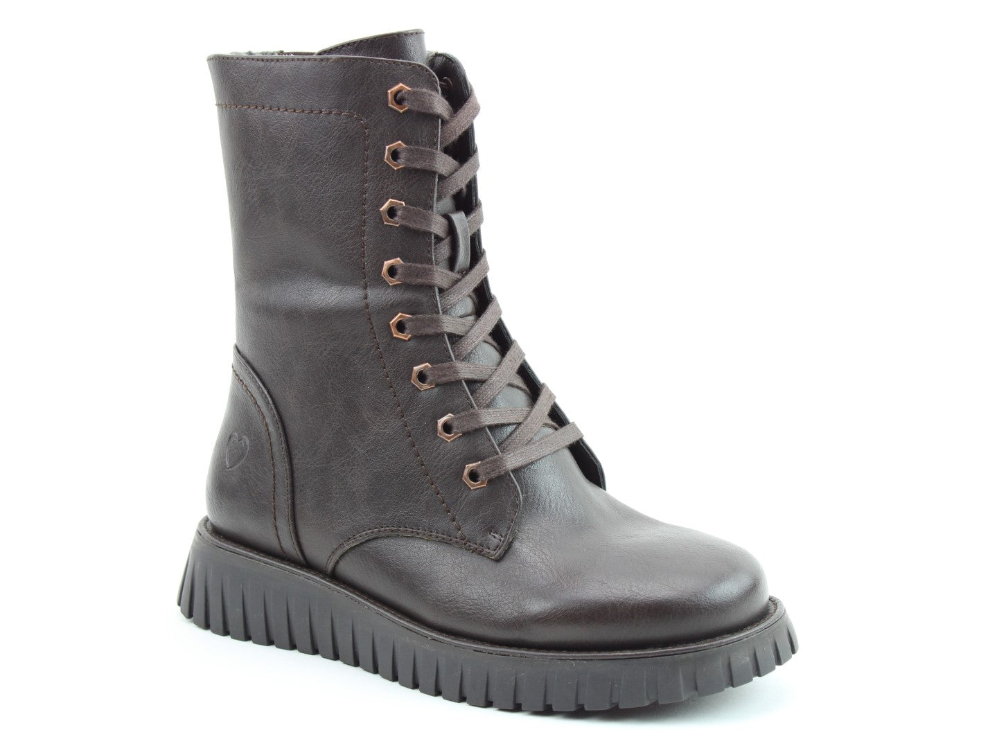 Heavenly Feet Martina5 Ladies Chocolate Brown Vegan Lace Up Mid-Calf Boots, front three-quarter product view.