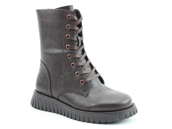 Heavenly Feet Martina5 Ladies Chocolate Brown Vegan Lace Up Mid-Calf Boots, front three-quarter product view.