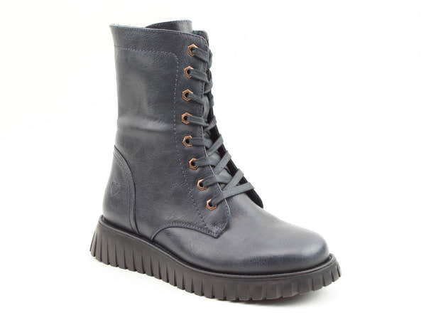 Heavenly Feet Martina5 Ladies Ocean Blue Vegan Lace Up Mid-Calf Boots, front three-quarter product view.