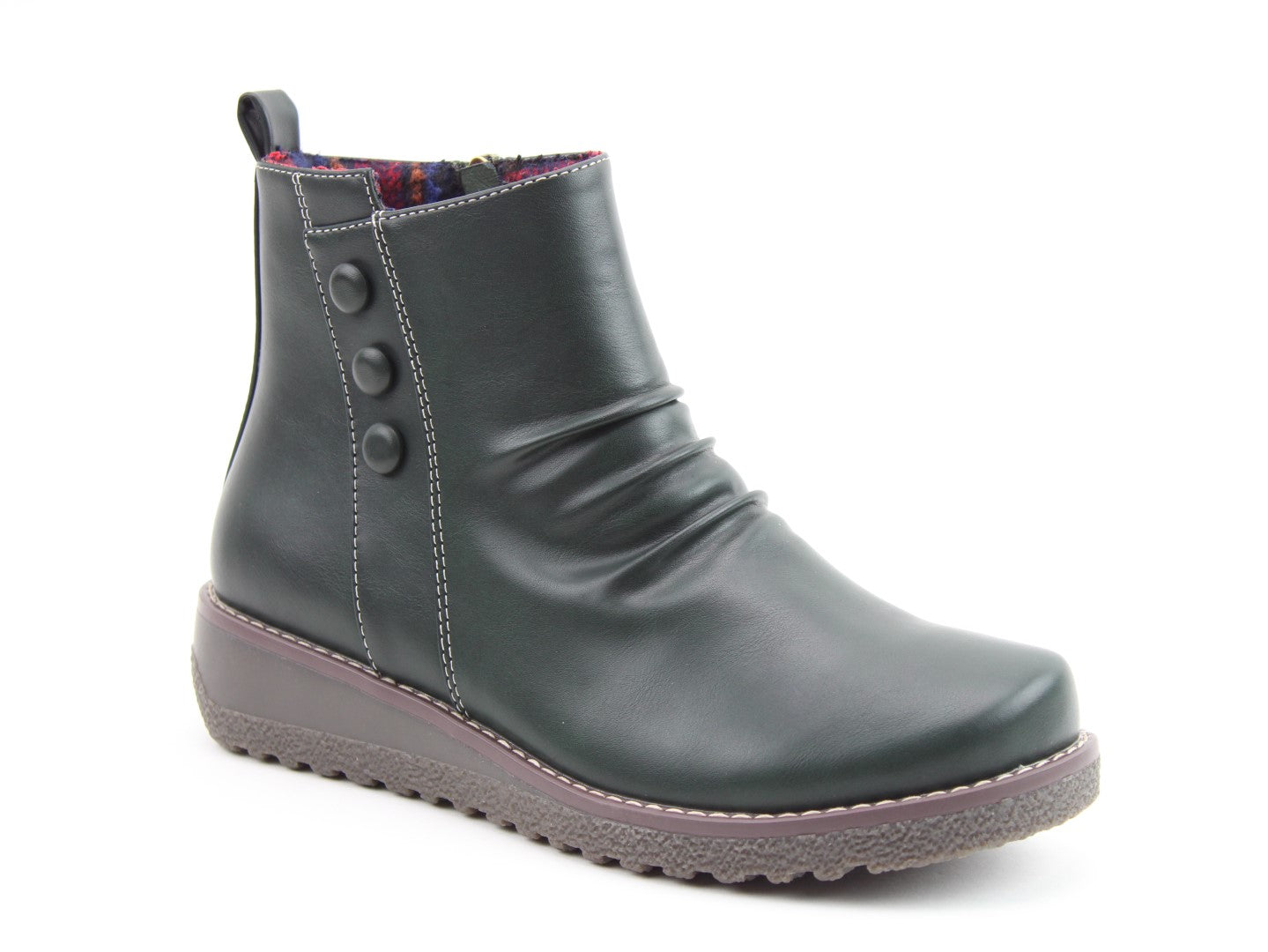 Heavenly Feet Murray Ladies Forest Green Vegan Button Detail Ankle Boots, front three-quarter product view.