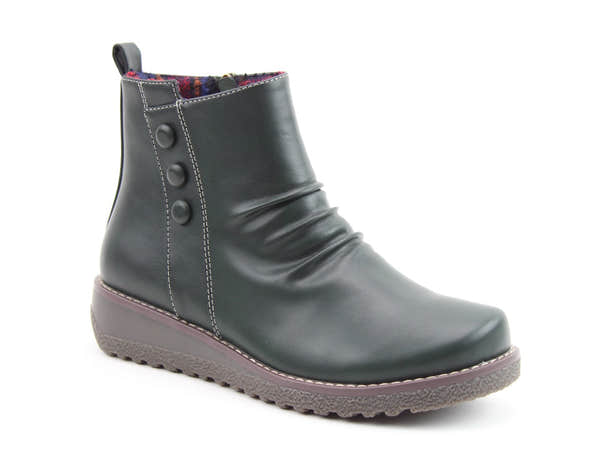 Heavenly Feet Murray Ladies Forest Green Vegan Button Detail Ankle Boots, front three-quarter product view.