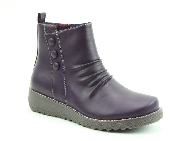 Heavenly Feet Murray Ladies Purple Vegan Button Detail Ankle Boots, front three-quarter product view.