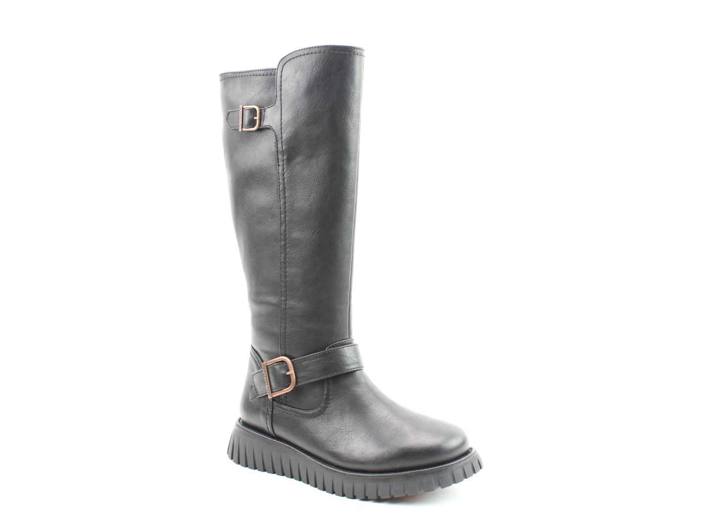 Heavenly Feet Rubymae3 Ladies Black Vegan Buckle Detail Knee High Boots, front three-quarter product view.