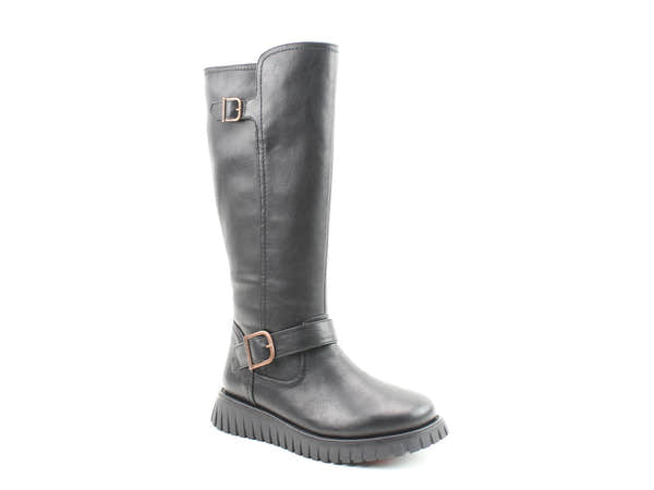 Heavenly Feet Rubymae3 Ladies Black Vegan Buckle Detail Knee High Boots, front three-quarter product view.