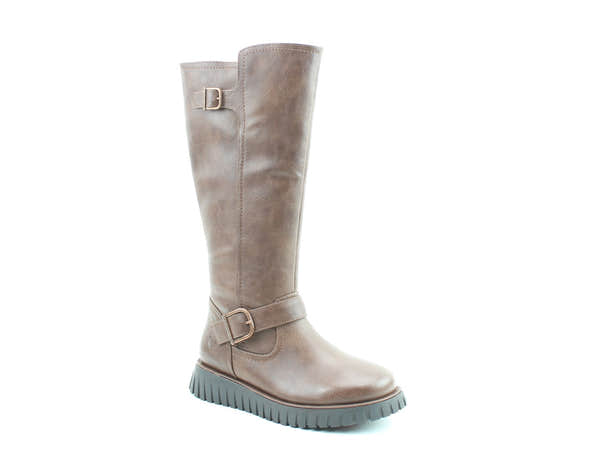 Heavenly Feet Rubymae3 Ladies Brown Vegan Buckle Detail Knee High Boots, front three-quarter product view.