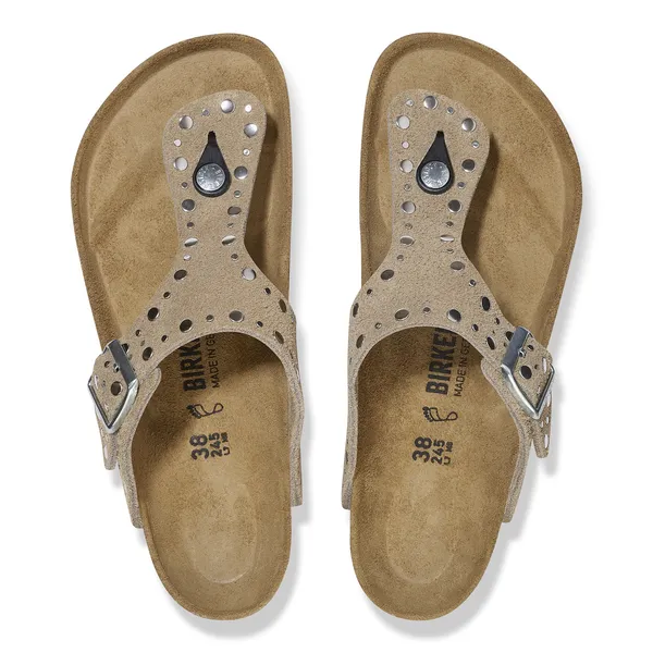 Birkenstock Gizeh Rivets Ladies Taupe Suede Arch Support Buckle Sandals with perforated straps and adjustable buckle.
