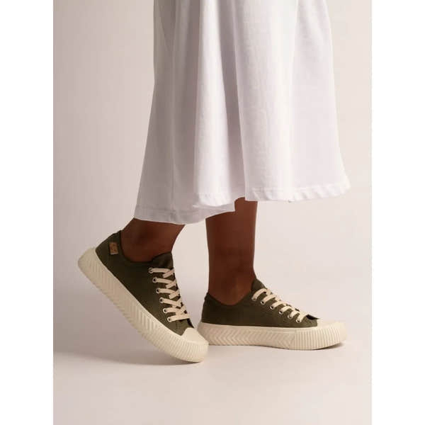 Lunar DLA009 Jayne III Ladies Khaki Lace-Up Trainers with white rubber soles and casual canvas design.