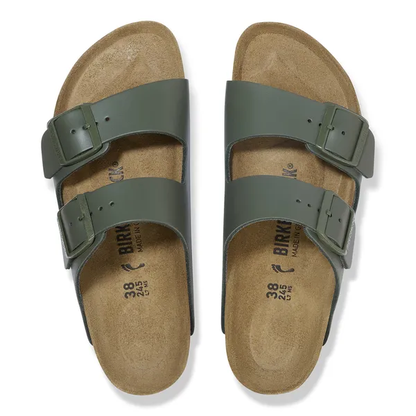 Birkenstock Arizona leather unisex narrow sandal with adjustable buckle straps, cork footbed, and arch support in thyme color.