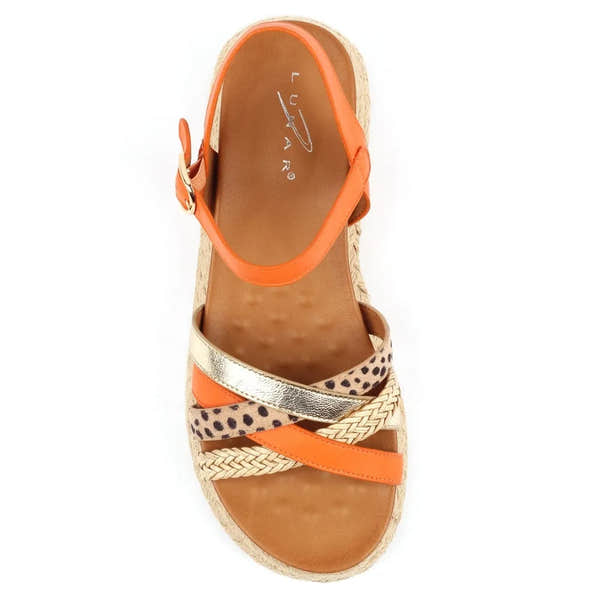 Lunar JLH607 Flick Ladies Orange Buckle Sandals with mixed animal print straps and woven sole.