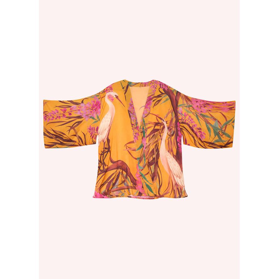 Powder Oriental Crane  Kimono Jacket - Ochre