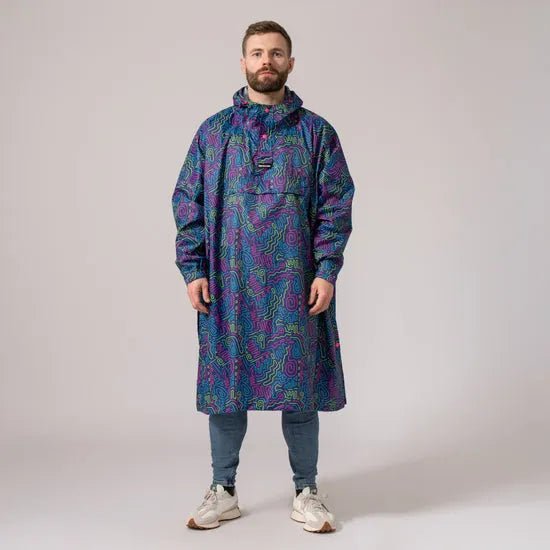 Unisex festival poncho with neon jazz pattern, long raincoat design, hooded, lightweight waterproof rain poncho for men and women.