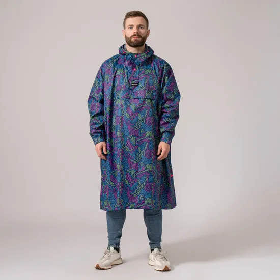 Unisex festival poncho with neon jazz pattern, long raincoat design, hooded, lightweight waterproof rain poncho for men and women.