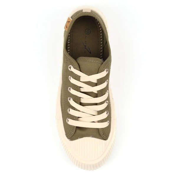 Lunar DLA009 Jayne III ladies khaki lace-up trainers with white soles, casual sporty footwear.