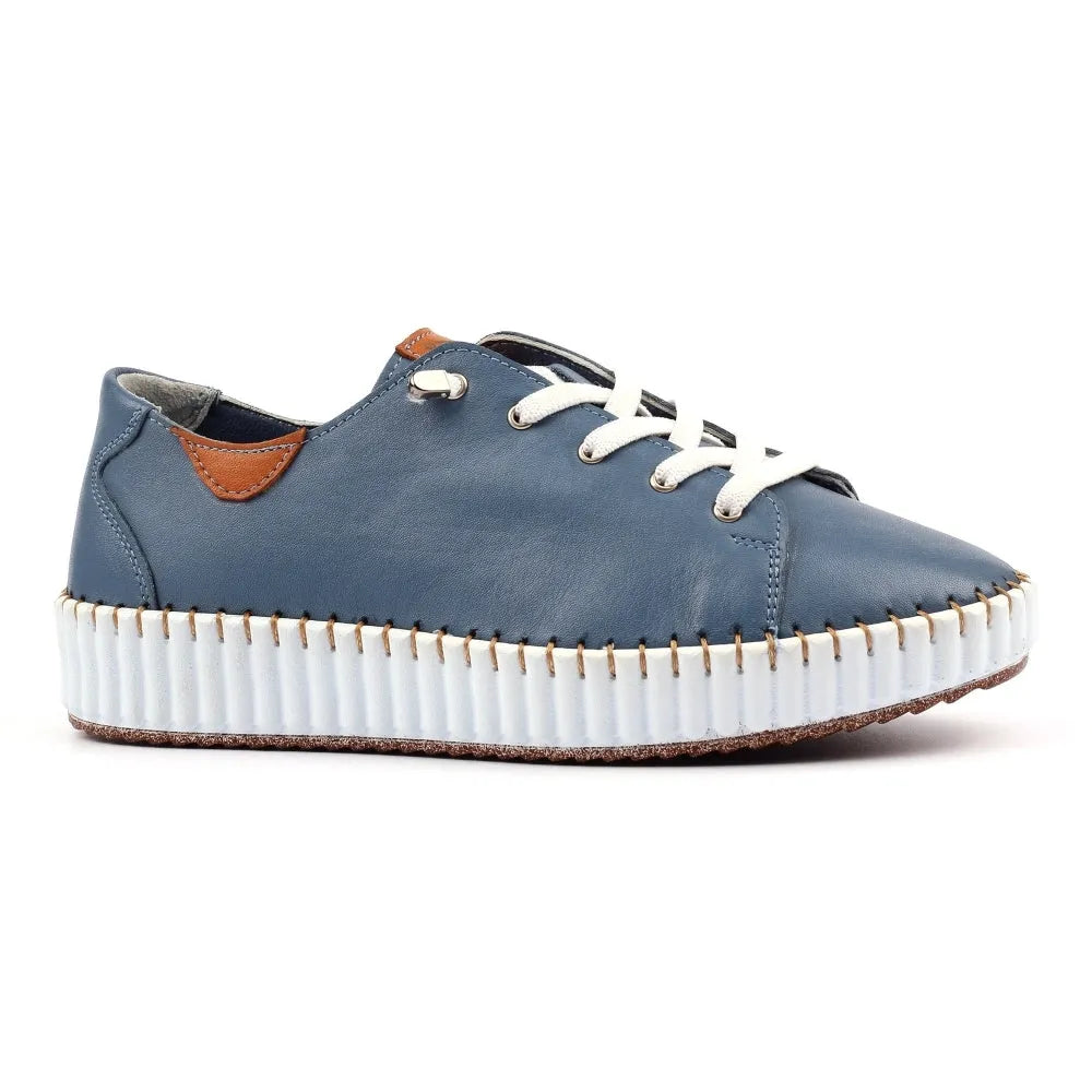 Lunar FLE057 Faith Ladies Mid Blue Leather Lace-Up Shoes with white rubber sole and brown accents.