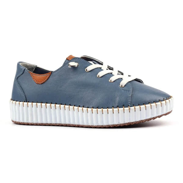 Lunar FLE057 Faith Ladies Mid Blue Leather Lace-Up Shoes with white rubber sole and brown accents.