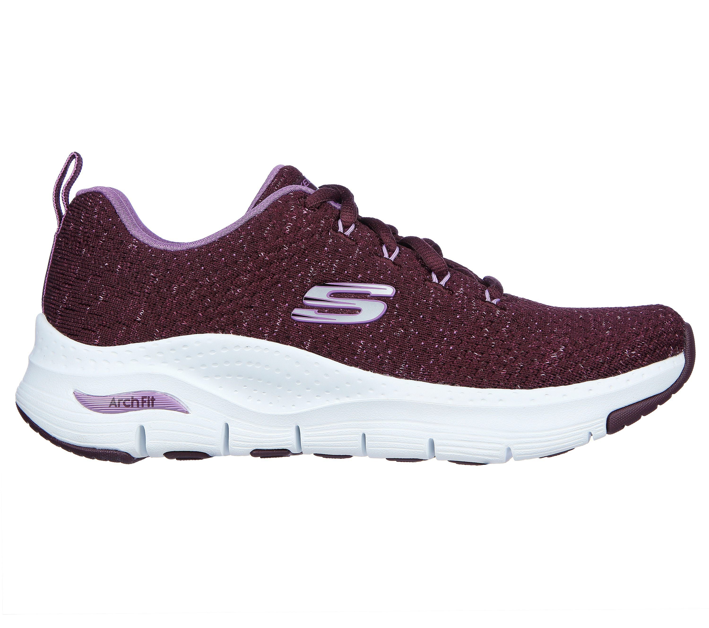 Skechers 149713 Arch Fit-Glee For All Ladies Plum Textile Vegan Arch Support Lace Up Trainers