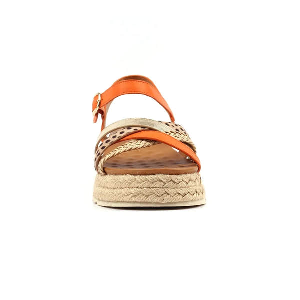 Lunar JLH607 Flick Ladies Orange Buckle Sandals with woven espadrille sole and multi-strap design.