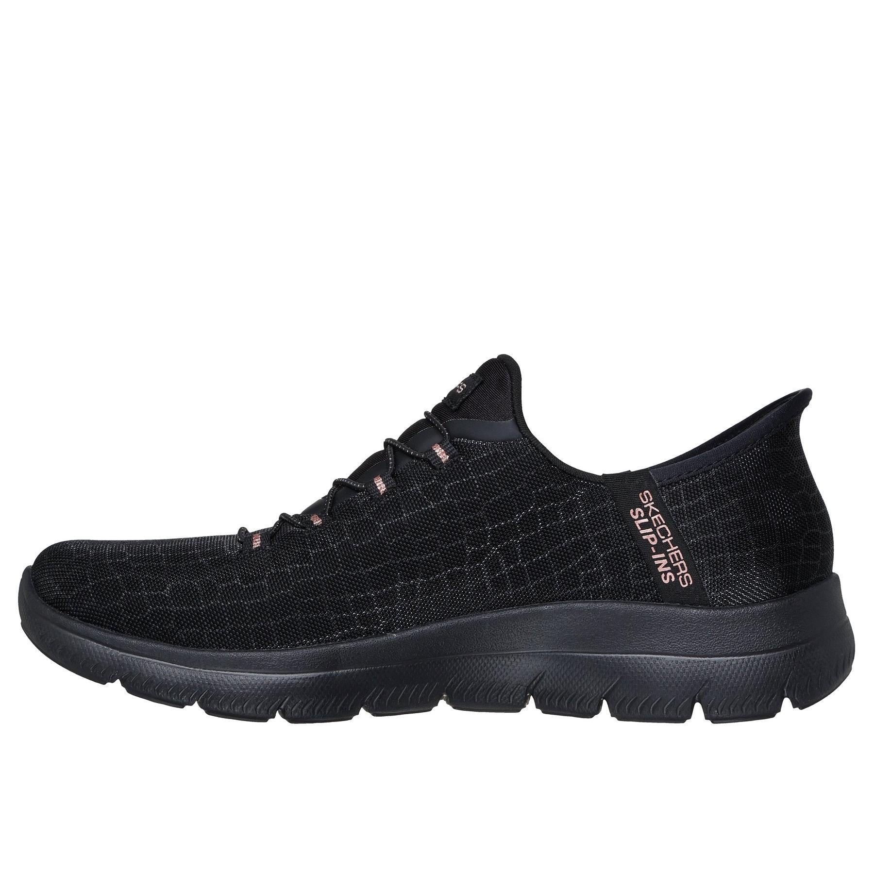 Skechers 150128 Summits-Classy Night Hands Free Ladies Black Gold Textile Vegan Slip On Trainers